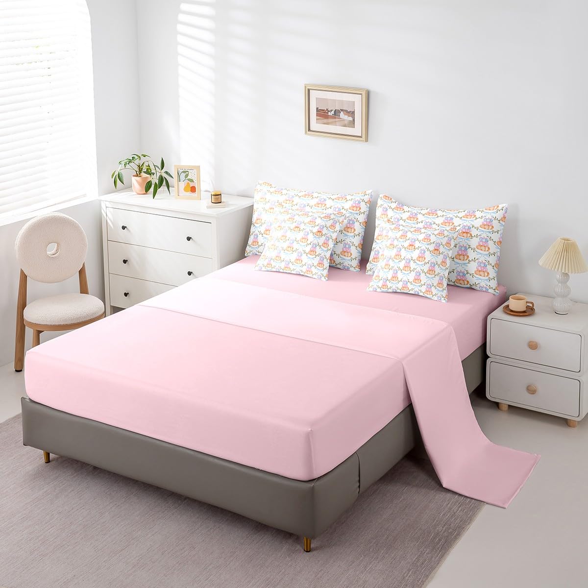 7 Pieces Watercolor Pumpkin Comforter Set Full Size,Pink Blue Bow Print Bedding Sets Kids Teens Adult Fall Plants Bow Grid Striped Quilt + Fitted & Flat Sheets + 2 Cushion Cover + 2 Pillowcases