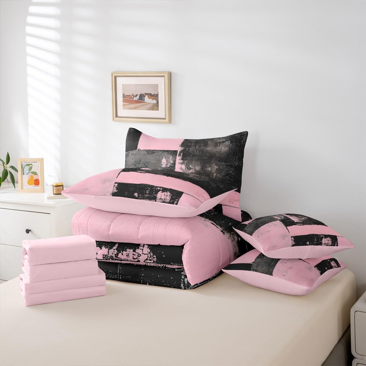 Feelyou Abstract King Comforter Set with Sheets for Kids Boys Girls Modern Abstract Art 7 Pieces Bedding Set Luxury Bed in a Bag Geometric Room Decor Black Pink Soft Lightweight Microfiber