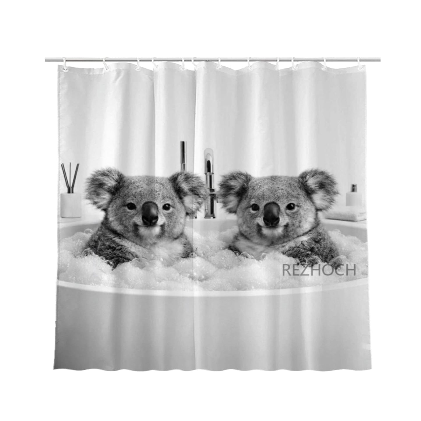 REZHOCH Modern Minimalist Funny Koala Shower Curtain 72x72 Inch, Luxury Black and White Cute Animals in Bathtub Bubbles Bathroom Decor,Waterproof Fabric Bath Set with Hooks