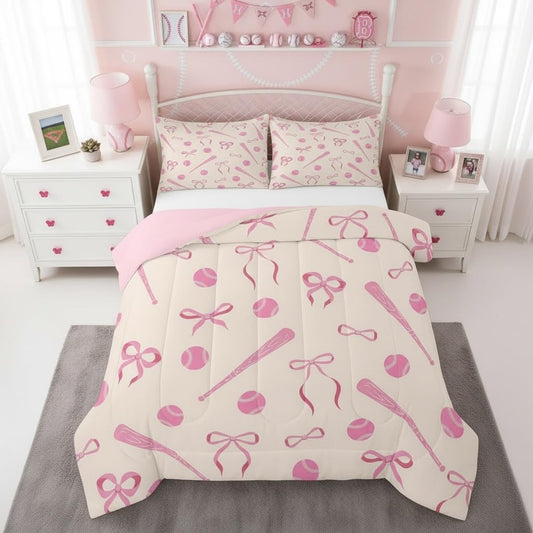 Castle Fairy Sport Baseball Full Size Comforter Sets for Kids,Girls Woman Bowknot Bedding Sets Youth Teens Bedroom Decor,Baseball Bat and Ball 3 PCS Quilt Set,Princess Style Pink Sports Duvet Insert