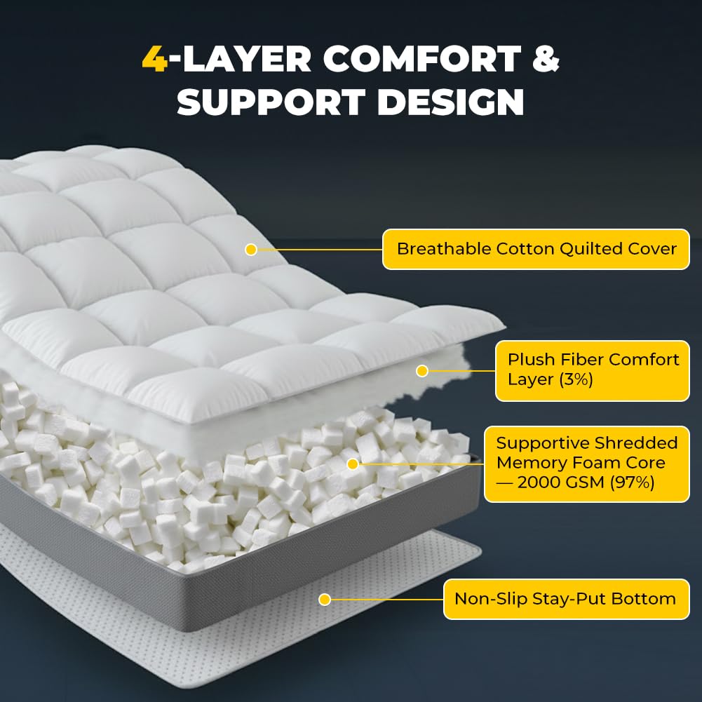 HYPREST 4 Inch Mattress Topper Queen, Thick Cooling Cotton Pillow Top with 2000 GSM Shredded Memory Foam - Soft & Supportive for Back Pain Relief，Non-Slip Bottom