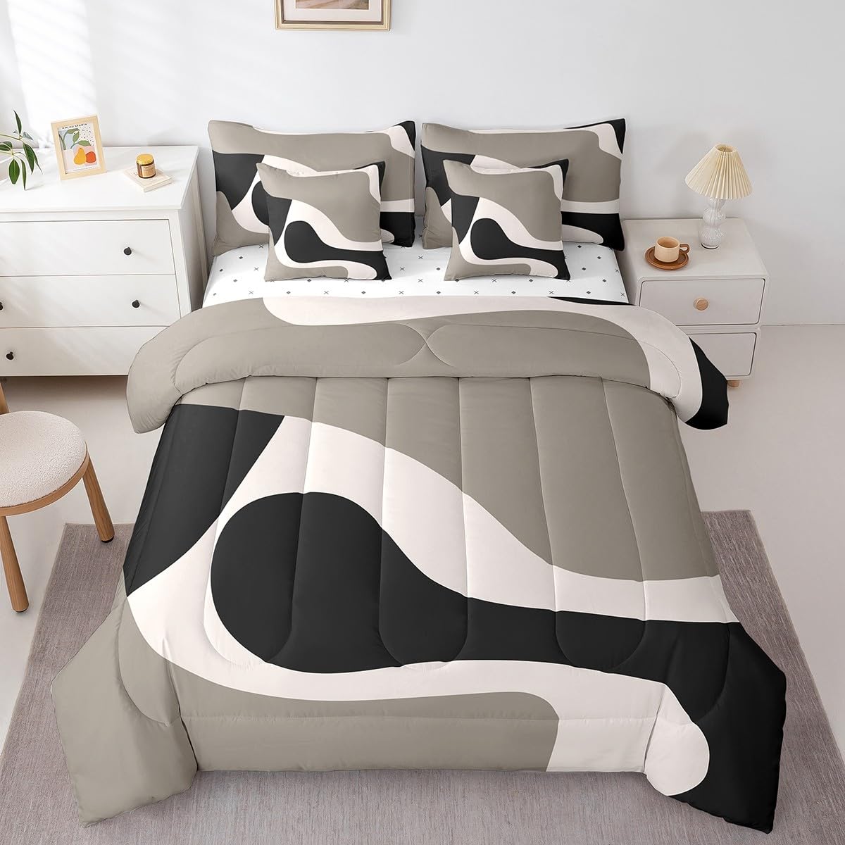 Erosebridal 7 Pcs Black Beige Striped Bed in A Bag King,Boho Modern Geometric Abstract Comforter Set for Women Men Adults, Stripes Bold Lines Bedding Set,Minimalist Stylish Art Bed Sheets