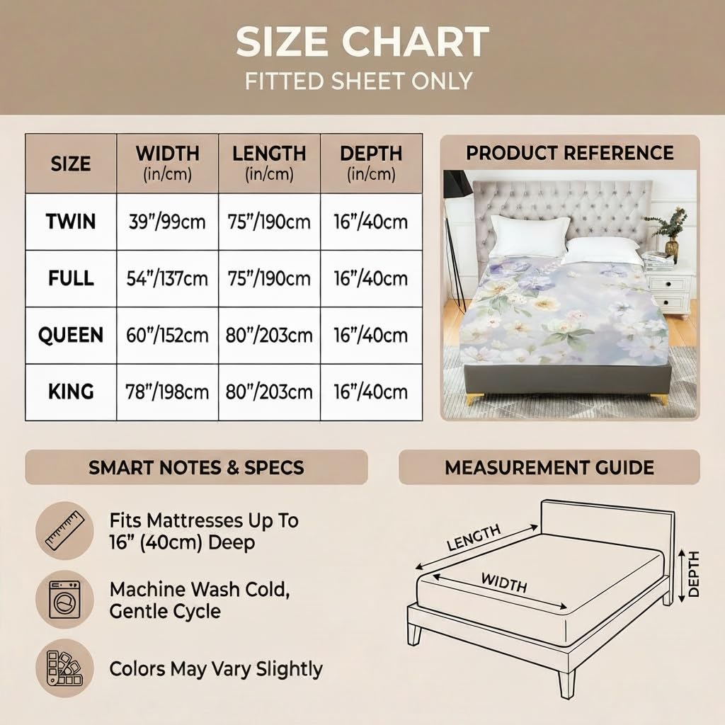 YIYEA Floral Fitted Sheet Only, Premium Double Brushed Microfiber Deep Pocket Fitted Sheet Queen Size, Ultra Soft Fitted Bottom Sheet, Shrinkage, Fade Resistant, Queen