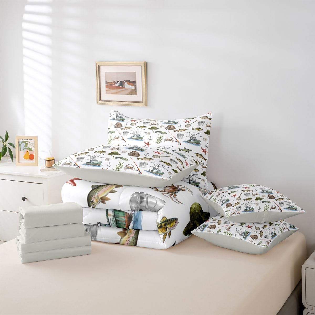 Erosebridal Fishing 7-Piece Bed in a Bag Full Size for Kids Boys Teens | Hunting Pike Fish Bedding Set Kids Hunting and Fishing Comforter Set with Sheets Pike Fishes Duvet Insert