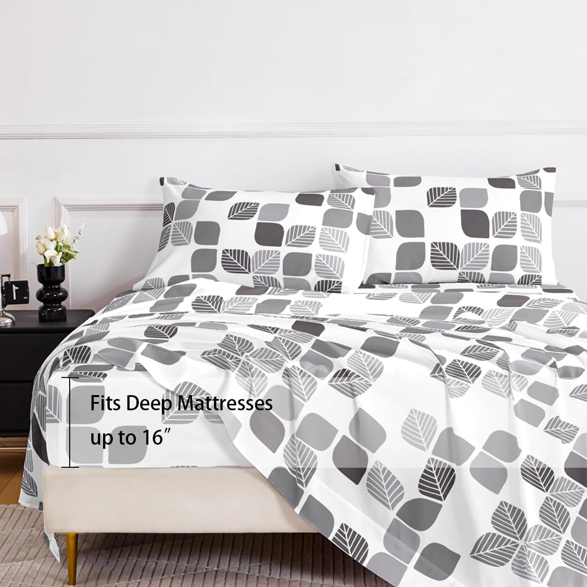 HCORA Geometric Queen Sheet Set, Ultra Soft Double Brushed Microfiber Bed Sheets, Deep Pocket, Breathable, Wrinkle Resistant, Easy Care, 4PC, Queen Size