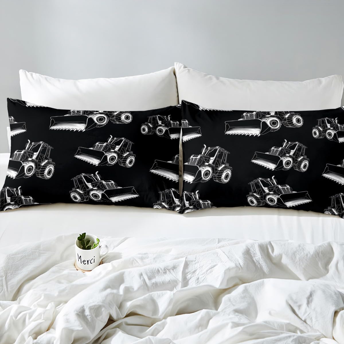 Erosebridal Boys Cartoon Car Fitted Sheet Twin Size, Excavator Bedding Set-Deep Pocket for Kids Girls Children Bedroom, Construction Vehicle Bed Sheet Dump Truck Bed Sets with 1 Pillow Case, Black