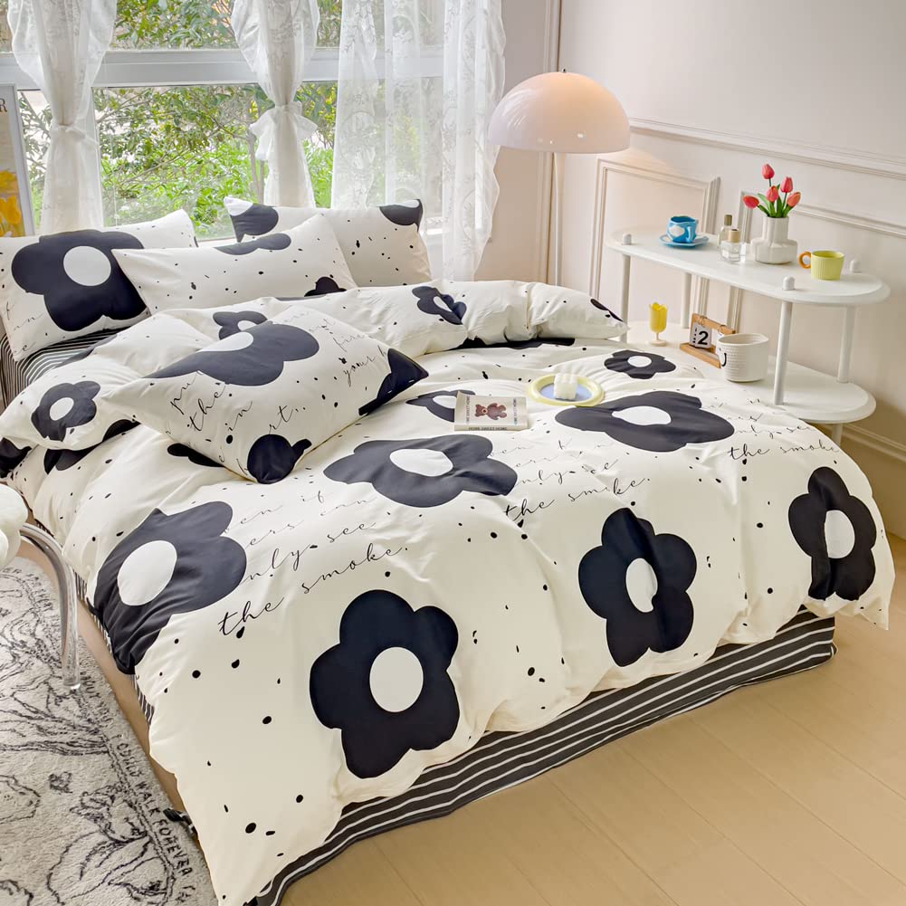 LIWHENHAO Floral Duvet Cover Set Queen 100% Cotton Bedding Cartoon Black and White Flower Print 1 Kawaii Botanical Comforter Cover Full Zipper Closure 2 Pillowcases for Kids Girls Boys Woman