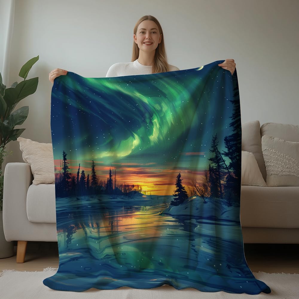 HUNXIAOJ Northern Lights Blanket Aurora Borealis Throw Blanket Northern Lights Gifts Landscape Decor Warm Soft Flannel for Girls Boys Women Teens Adults Bed Sofa Couch (50 in x 60 in)