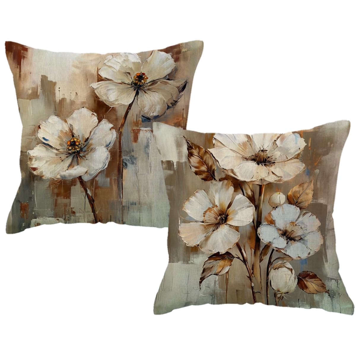 2Pack Flowers Decorative Pillow Covers Modern Beige Poppy Design Cushion Covers Oil Painting Pretty Floral Pillowcases 18 x 18 Inch Farmhouse Spring Summer Decorations (Beige/Brown)