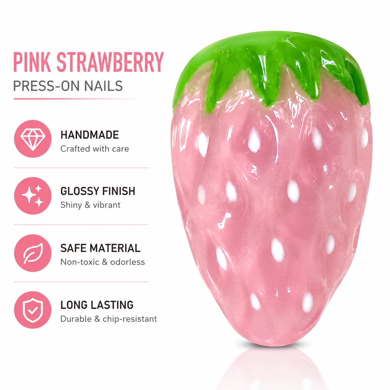 Handcrafted Press On Nails Cute Strawberry Pink Theme Fresh Fruit Pattern 100% Handmade Realistic Artistic Fake Nails Gifts For Women (Pink Strawberry, Medium M)