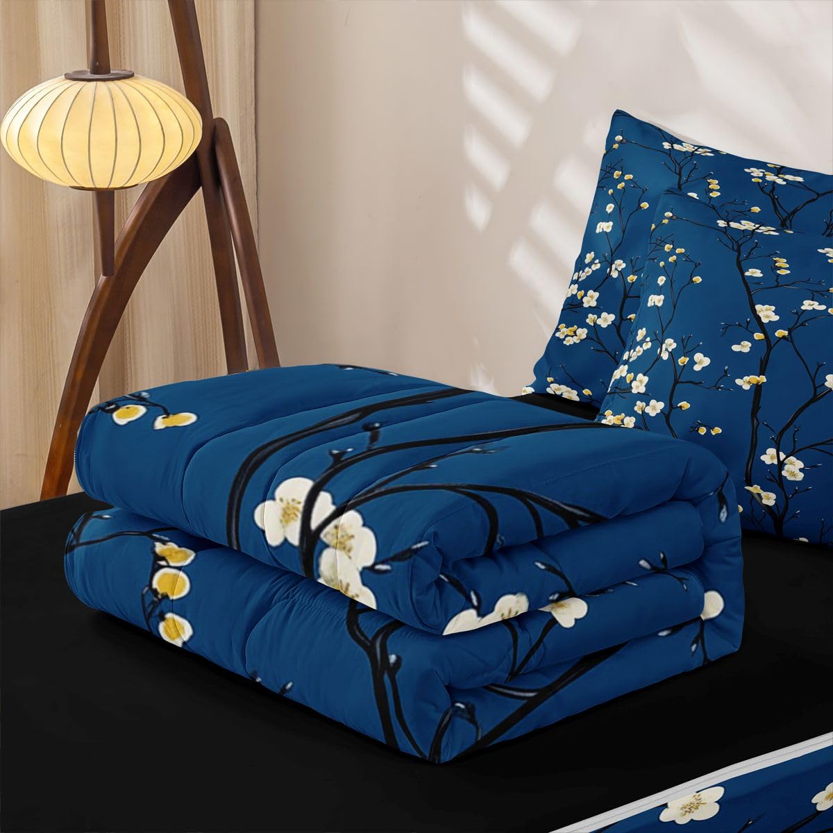 Erosebridal Spring Flowers Kids Comforter Set with Zipper, Japanese Cherry Blossom Twin Size Zipper Bedding Set, Floral Decor Bed-in-A-Bag