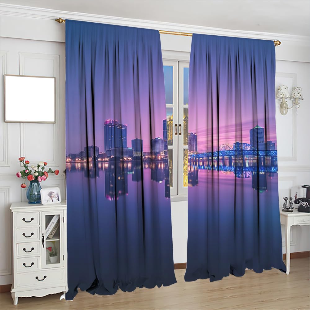 YFBBINS Evening Cityscape Pattern Blackout Curtains Thermal Insulated for Bedroom Living Room, Ocean Modern Skyline Rod Pocket Curtain Light Blocking Drapes, 2 Panels, Each 21 W x 45 L inch