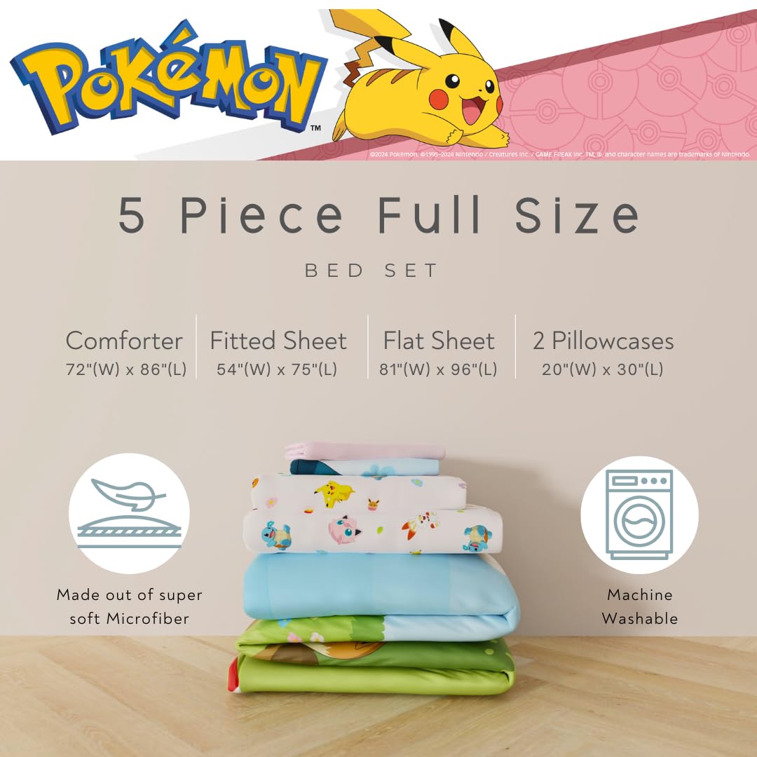 Pokemon Bedding Super Soft Comforter and Sheet Set with Sham, 5 Piece Full Size, Featuring Snorlax, Pikachu, Eevee & Jigglypuff (Officially Licensed Product) by Franco