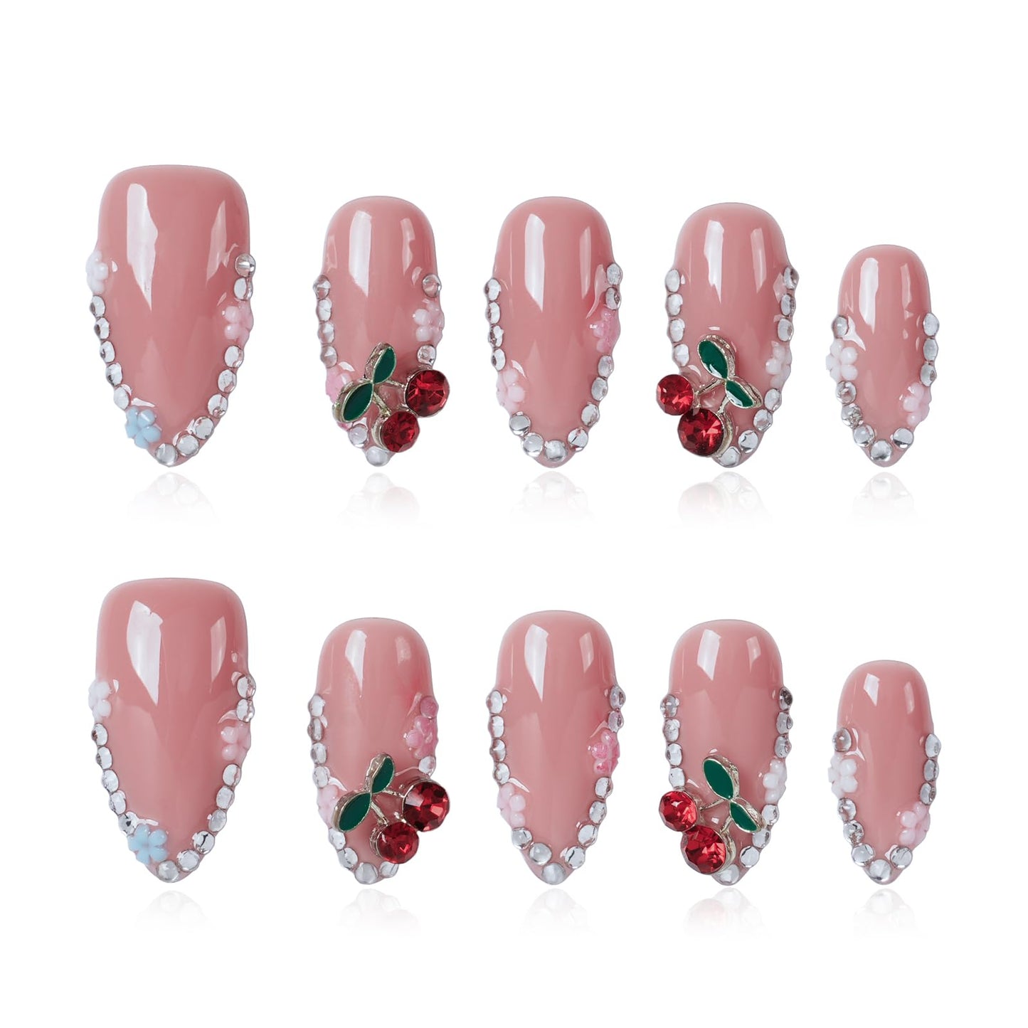 Tesytto Handmade Press on Nails Medium Almond Soft Pink Glossy Reusable False Nails with 3D Cute Cherry Rhinestone for Nail Art (Cherry Chain Pink Glow, M)