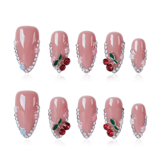 Tesytto Handmade Press on Nails Medium Almond Soft Pink Glossy Reusable False Nails with 3D Cute Cherry Rhinestone for Nail Art (Cherry Chain Pink Glow, M)