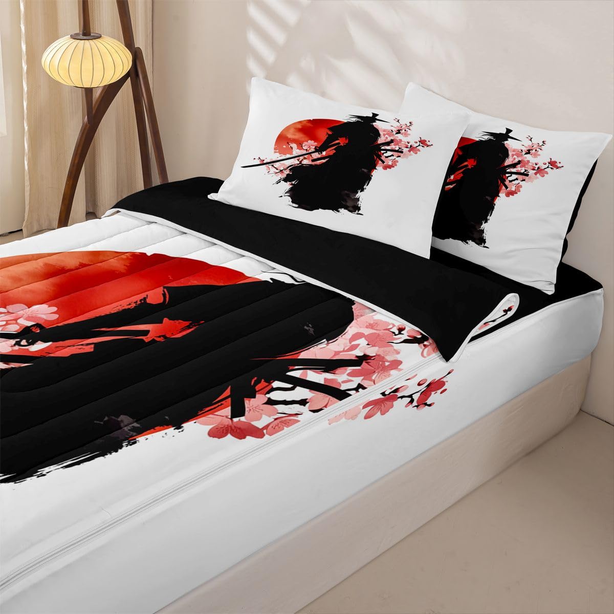 Erosebridal Samurai Zip Up Bedding Comforter Sets Twin Size, Red Sun Japanese Comforter in One Zipper - Japan Warrior Bedding Set with Pillowcases