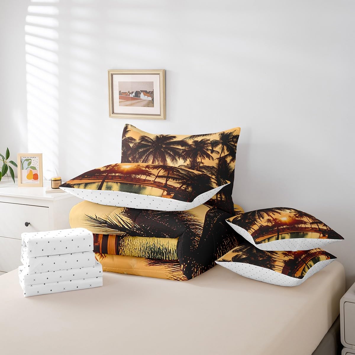 jejeloiu Palm Tree Comforter Set 7 Pieces Full Size Kids Palm Leaf Bed in a Bag for Boys Girls Hawaiian Tropical Island Bedding Set Summer,Comforter + Sheets + Pillowcases + Cushion Covers