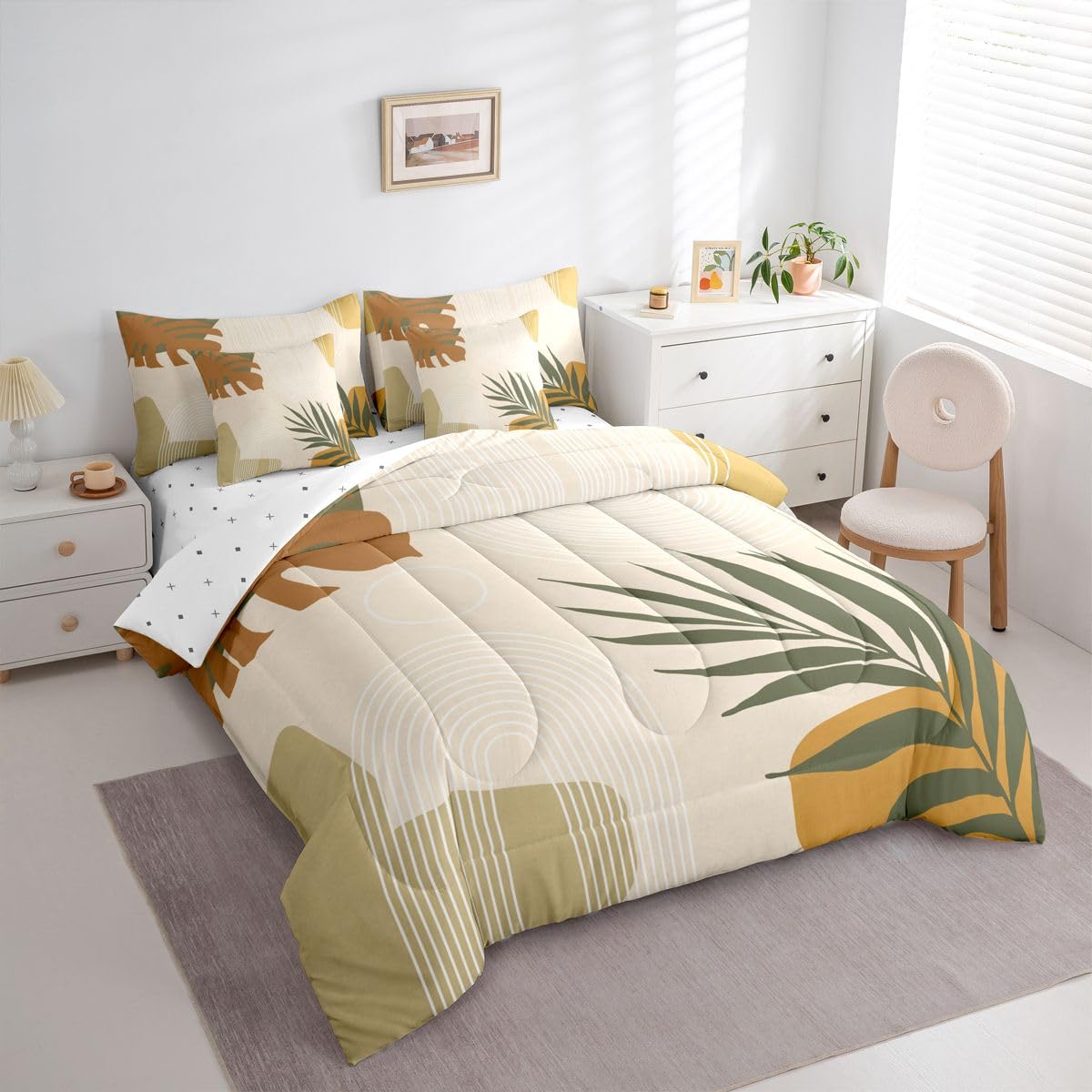 Erosebridal Beige Green Boho Full 7 Pieces Bedding Set, Mid Century Abstract Simple Comforter Set with Sheets, Modern Minimalist Arch Geometric Bed Sets, Tropical Palm Leaf Aesthetic Bed in A Bag