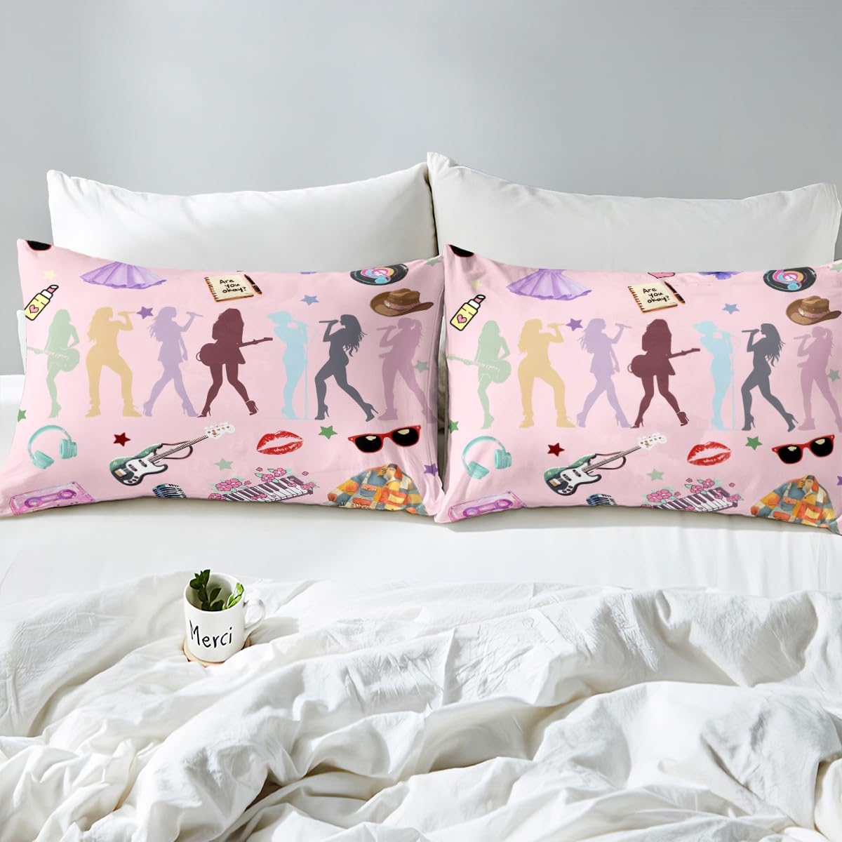 Erosebridal Pink Music Themed Bed Sheets King Girly Guitar Keyboard Sheet Set for Kids Boys Girls Disco Ball Snake Floral Sheets for Music Lovers Stylish and Modern Gifts Fitted Flat Sheets 4 Piece