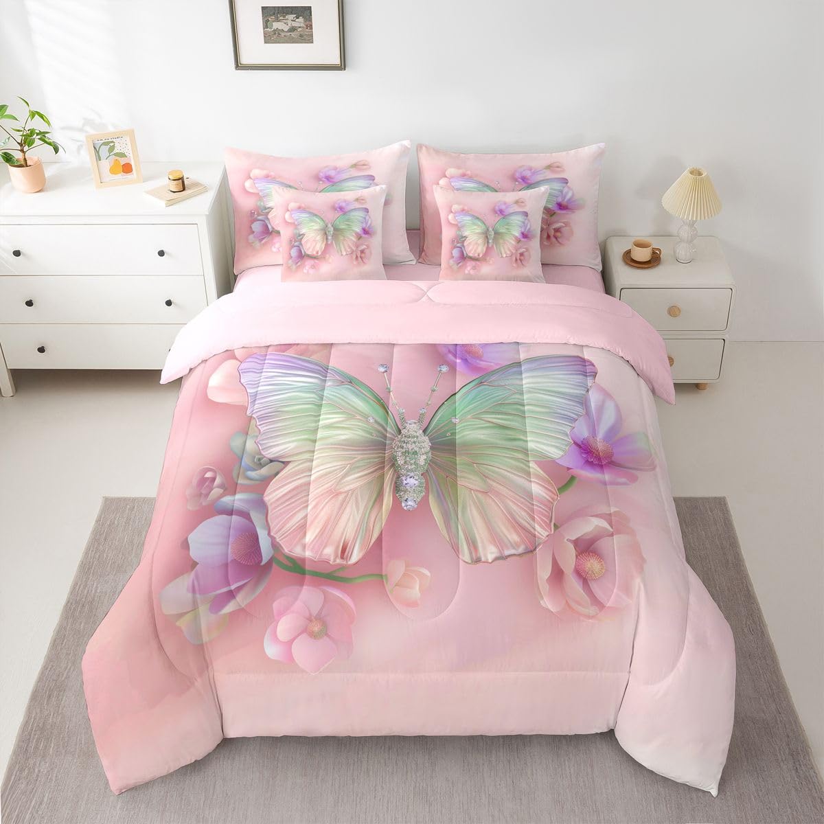 Erosebridal Watercolor Butterfly 7 Piece Bedding Set Twin Dreamy Flower Comforter Set with Sheets Pink Purple Ombre Bed in a Bag Rainbow Colorful Butterflies Bed Sets Comforter