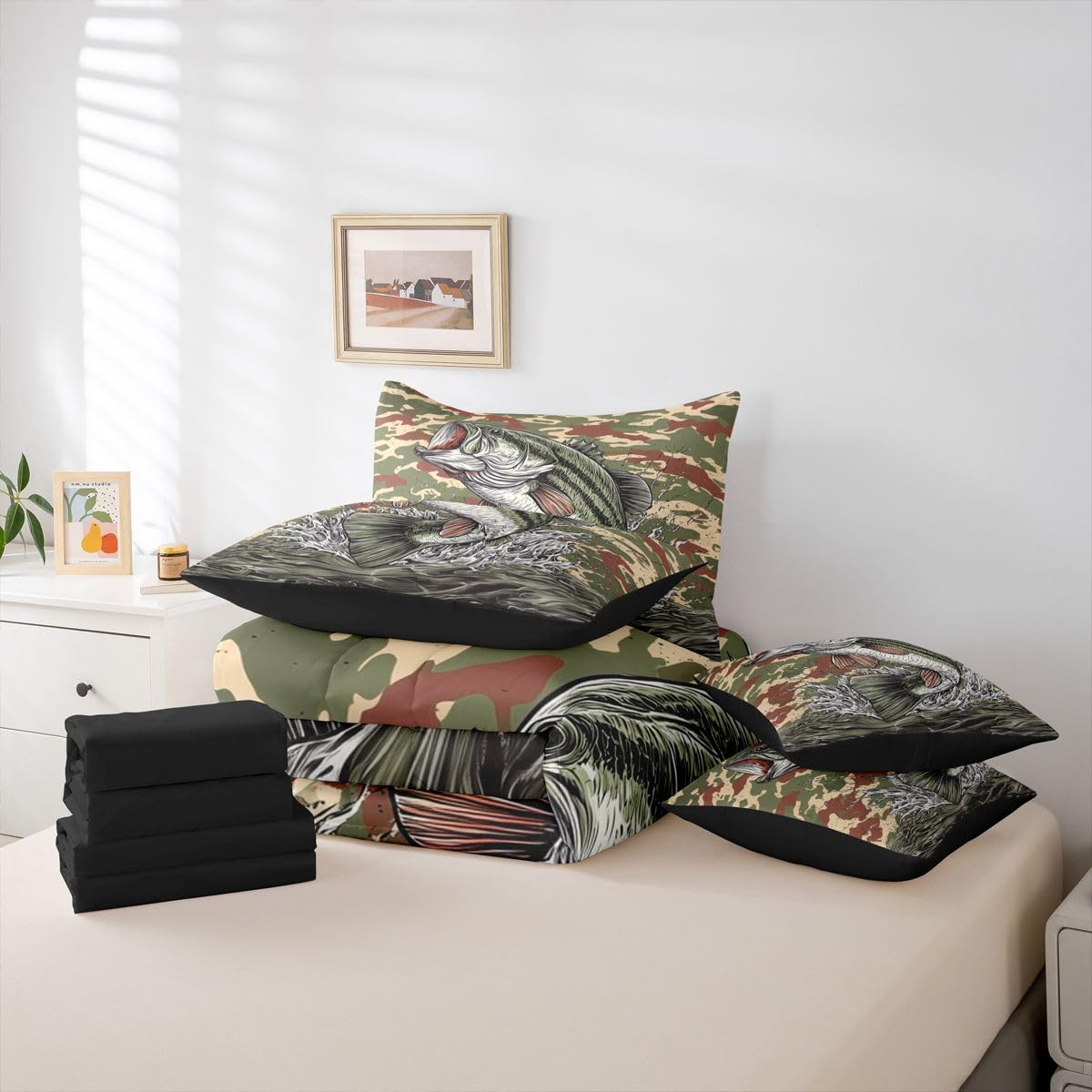 Erosebridal Fish Camo 7-Piece Bed in a Bag Full Size Camo Hunting and Fishing Bedding Set for Kids Boys Teens - Bass Fish Comforter Set with Sheets Camouflage Fishing and Hunting Duvet Insert