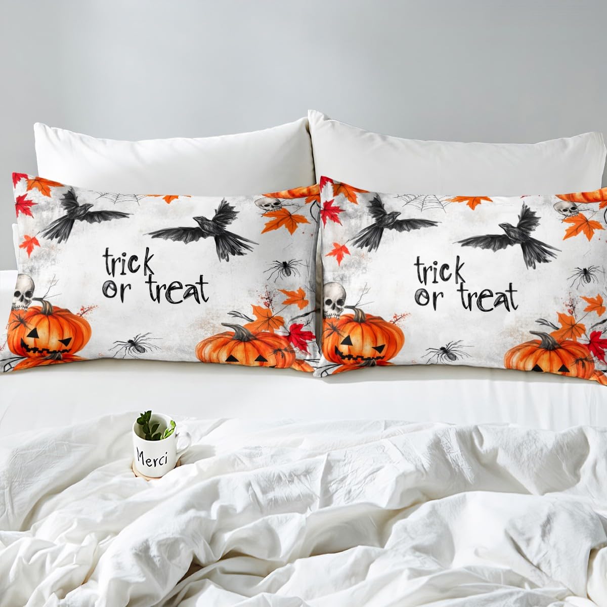 Feelyou Kids Halloween Bed Sheets Set Full Size, Pumpkin Sheet Set Boys Girls Trick or Treat Bedding Set Spider Web Teens Bedroom Decor Soft Bed Set 4Pcs