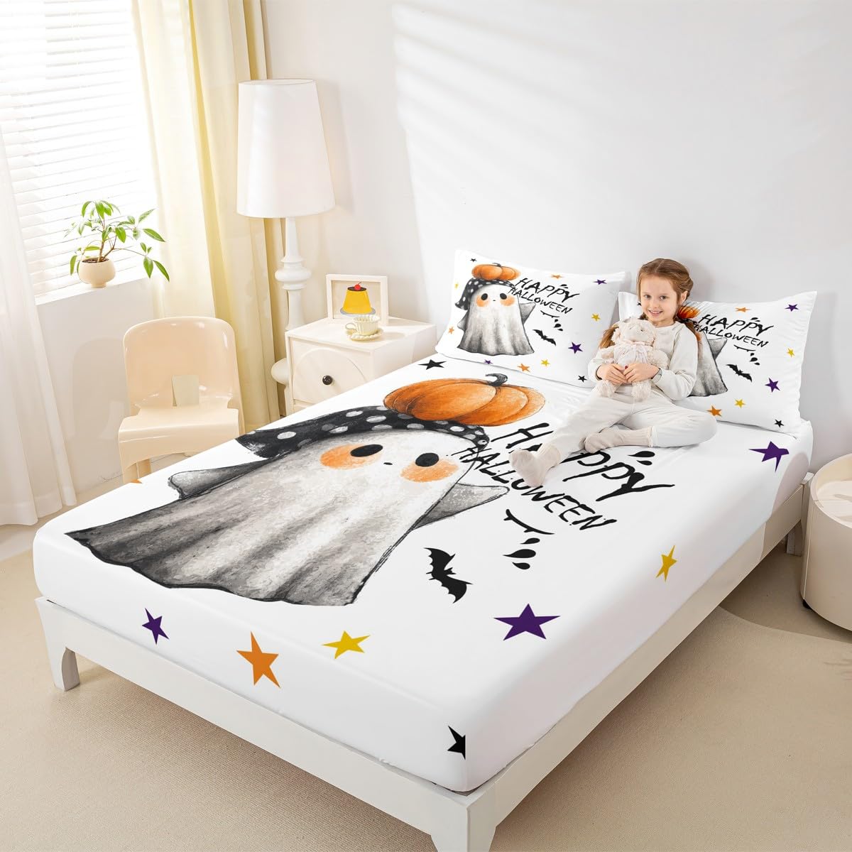 Feelyou Kids Halloween Bed Sheet Set Full Size, Cute Ghost Fitted Sheet Happy Halloween Bedding Set Boys Girls Horror Decor Teens Bedroom Decor Lightweight Bed Set (No Flat Sheet)