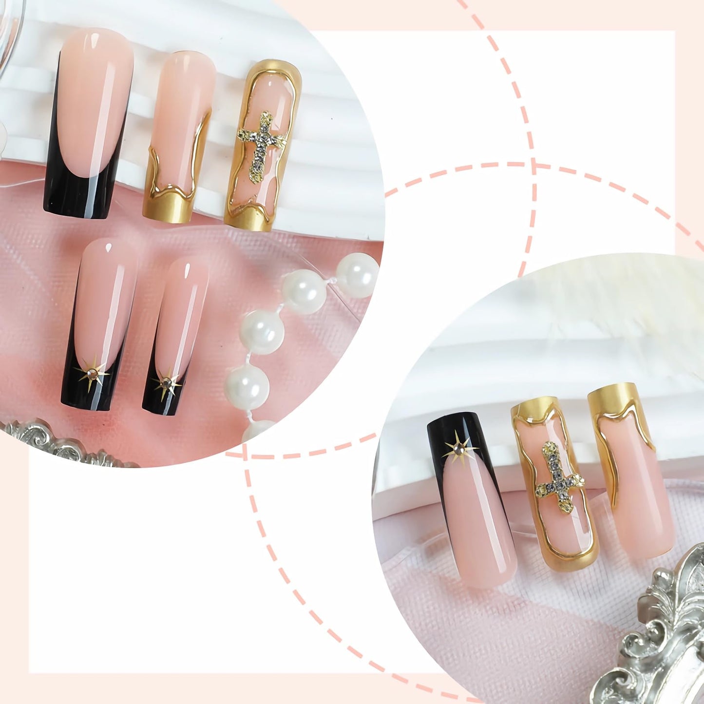 BABALAL Press on Nails Long Square Fake Nails Black Gold Goth Glue on Cross Charm Luxury Design 3D Handmade French Tip Acrylic 24Pcs Glossy Manicure Full Cover Stick on Nails
