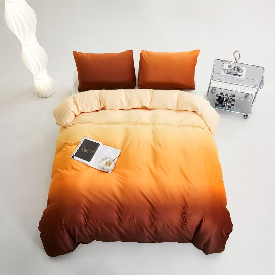 CLOTHKNOW Dark Orange Velvet Duvet Cover Set Queen 3Pcs Orange Yellow Bedding Sets Rust Beige Fluffy Bedding Duvet Cover Sets Queen Soft Flannel Bedding Queen Sets