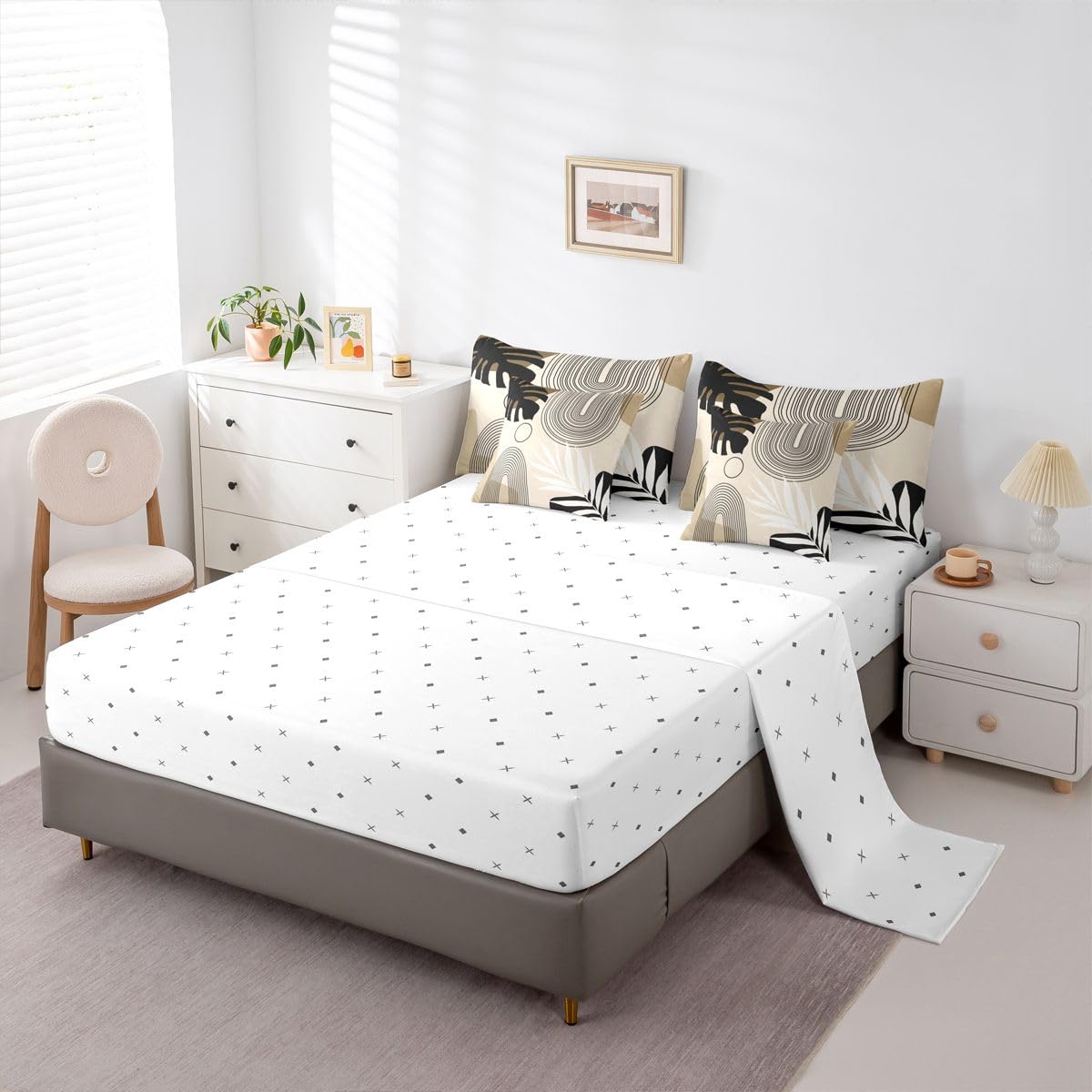 Erosebridal Boho Mid Century Full Comforter Set with Sheets, Modern Minimalist 7 Pcs Bedding Set, Abstract Arch Geometric Bed in A Bag, Tropical Palm Leaf Aesthetic Bed Sets, Black Beige Brown