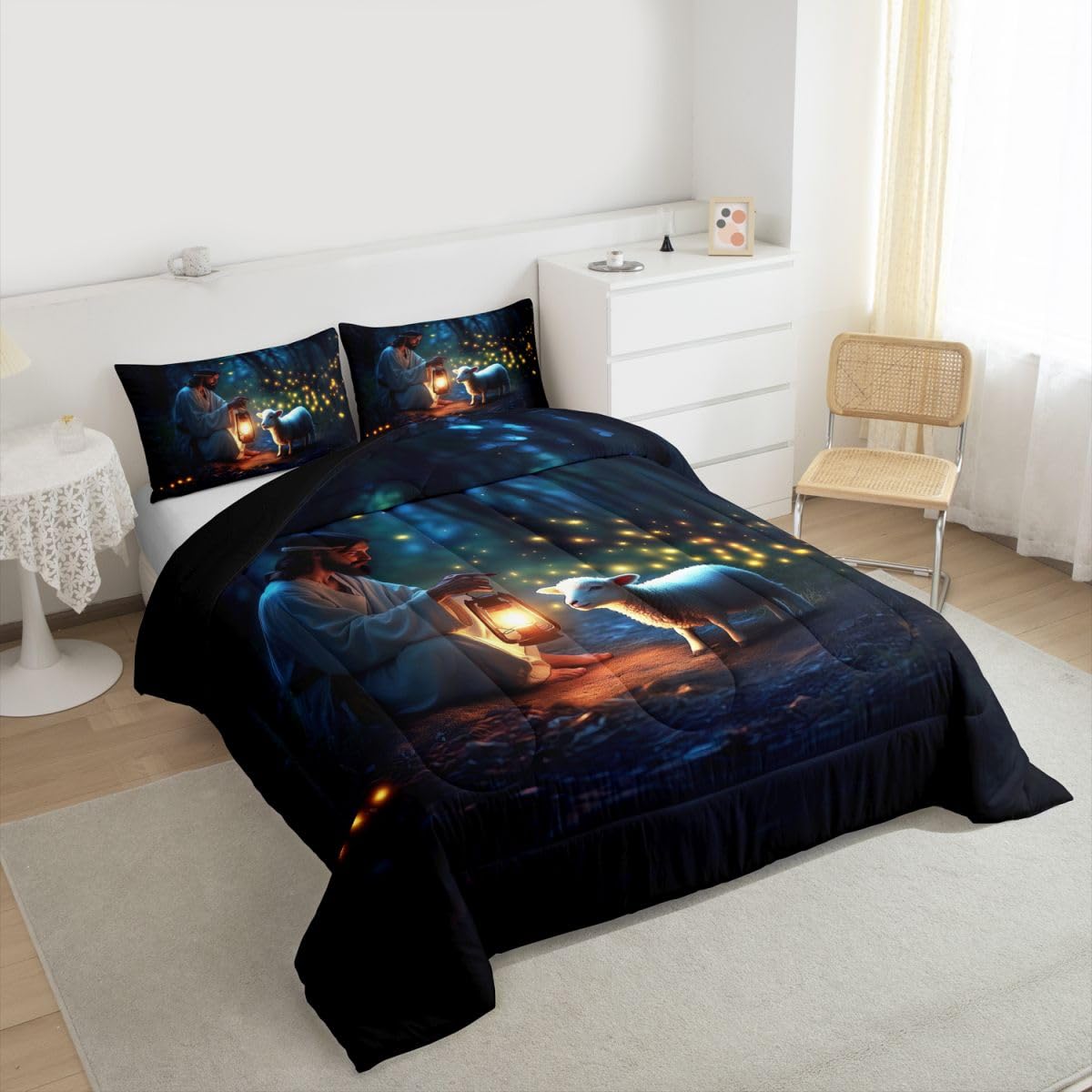 Manfei Western Girls Bedding Set Twin Size,Serenity Prayer Lost Lamb Comforter Set,Inspirational Bible Verse Quilt Comforter Girls Boys Teens,Dark Blue Room Decor All Season,1 Pillowcase