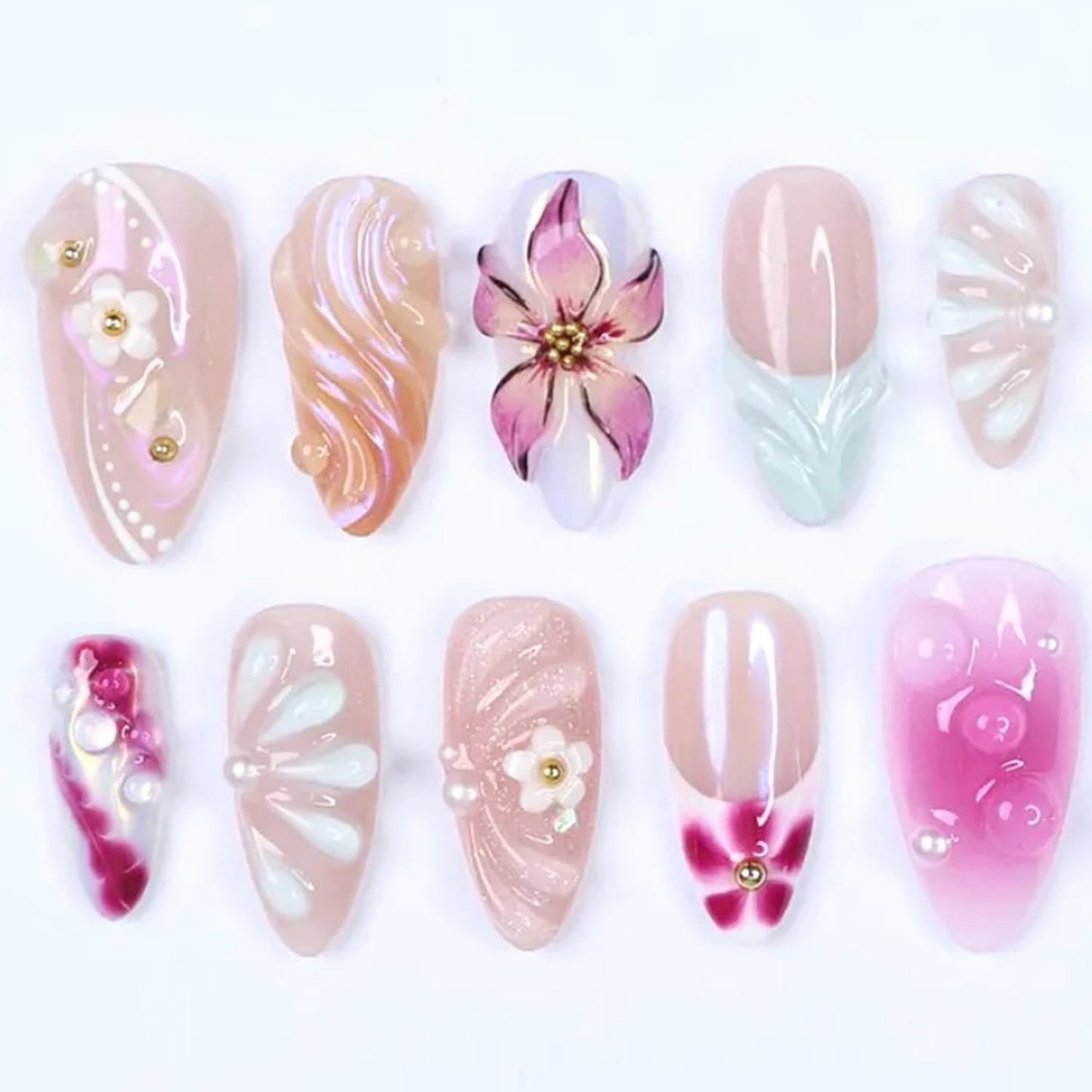 24Pcs Gradient Press on Nails Medium Almond Fake Nails with 3D Carved,Floral & Pearl Designs French Tip Cute Stick on Nails Pink False Nails Spring Summer DIY Nails for Women