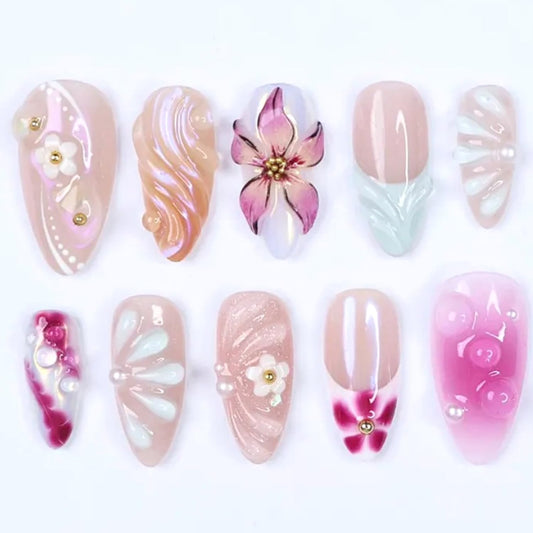 24Pcs Gradient Press on Nails Medium Almond Fake Nails with 3D Carved,Floral & Pearl Designs French Tip Cute Stick on Nails Pink False Nails Spring Summer DIY Nails for Women