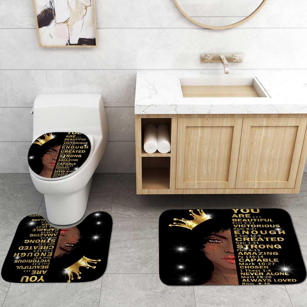 Jayden Madge 4PCS African American Woman Shower Curtain Set, Gold Crown Glitter Inspirational Quotes Ethnic Tribal Afro Girl Melanin Queen Black Women Bathroom Decor, Non-Slip Bath Mat Toilet Rug