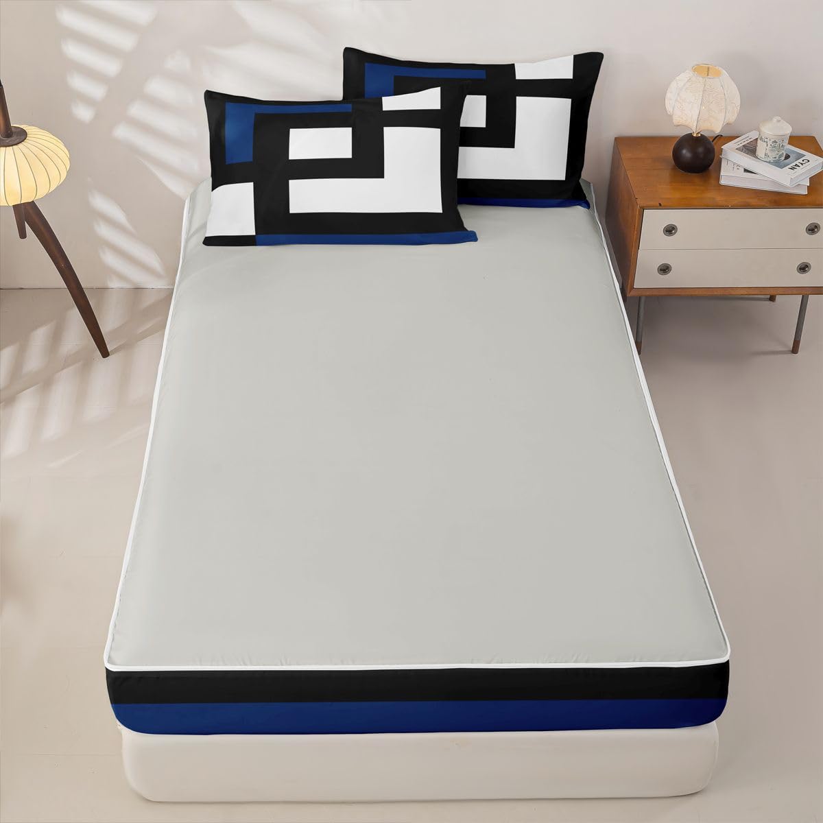 Erosebridal Blue Black and White Striped Zipper Comforter Set Twin Square Abstract Bedding Set Modern Stripes Bold Lines Bed in a Bag Minimalist Stylish Plaids Zippered Quilt Fitted Sheet