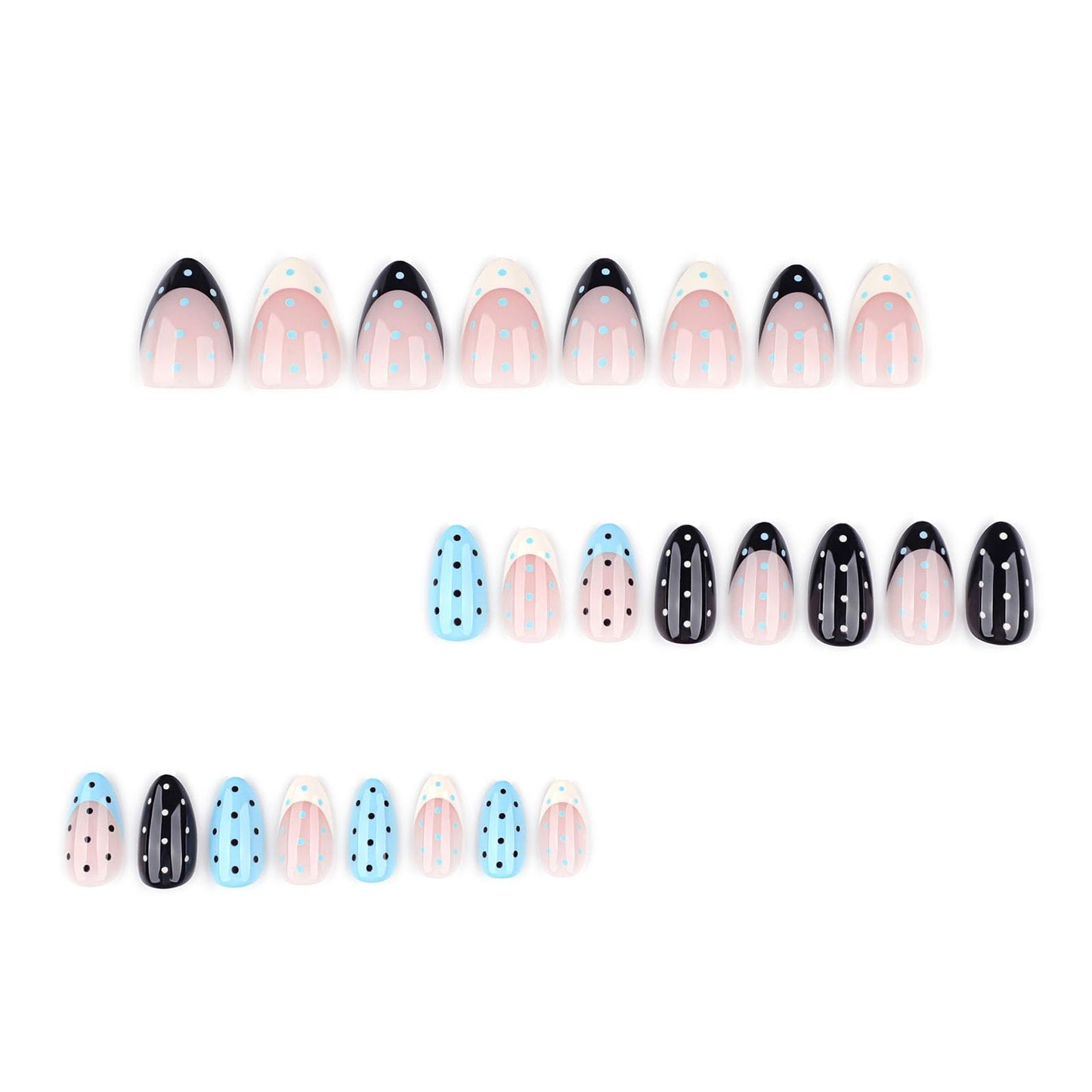 Polka Dot French Tip Press on Nails Short Almond Fake Nails Black White Blue Stick on Nail Full Cover Reusable False Nail for Women 24Pcs