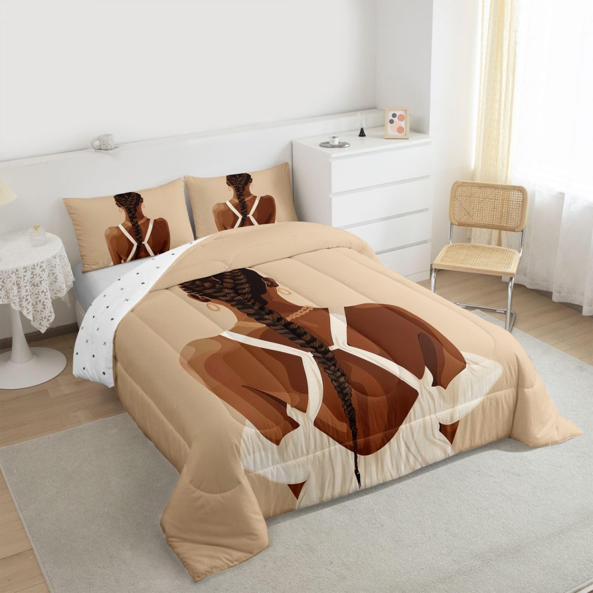 jejeloiu Black Girl Bedding Set Soft for Boys Girls, African American Black Women Comforter Set Toddler Size Fashion Duvet Quilt Microfiber Bedroom Decor 2 Pcs with 1 Pillow Cases