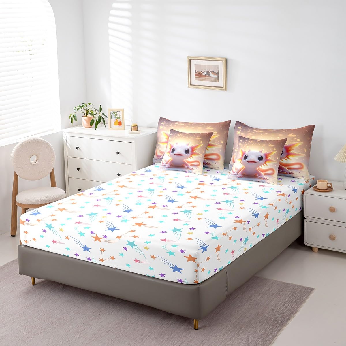 Feelyou Kids Cute Axolotl Comforter Set with Sheets Twin Size, Cartoon Salamander 7 Pieces Bedding Set Boys Girls Kawaii Animal Bed in A Bag Ocean Sealife Teens Bed Set Bedroom Decor 7Pcs