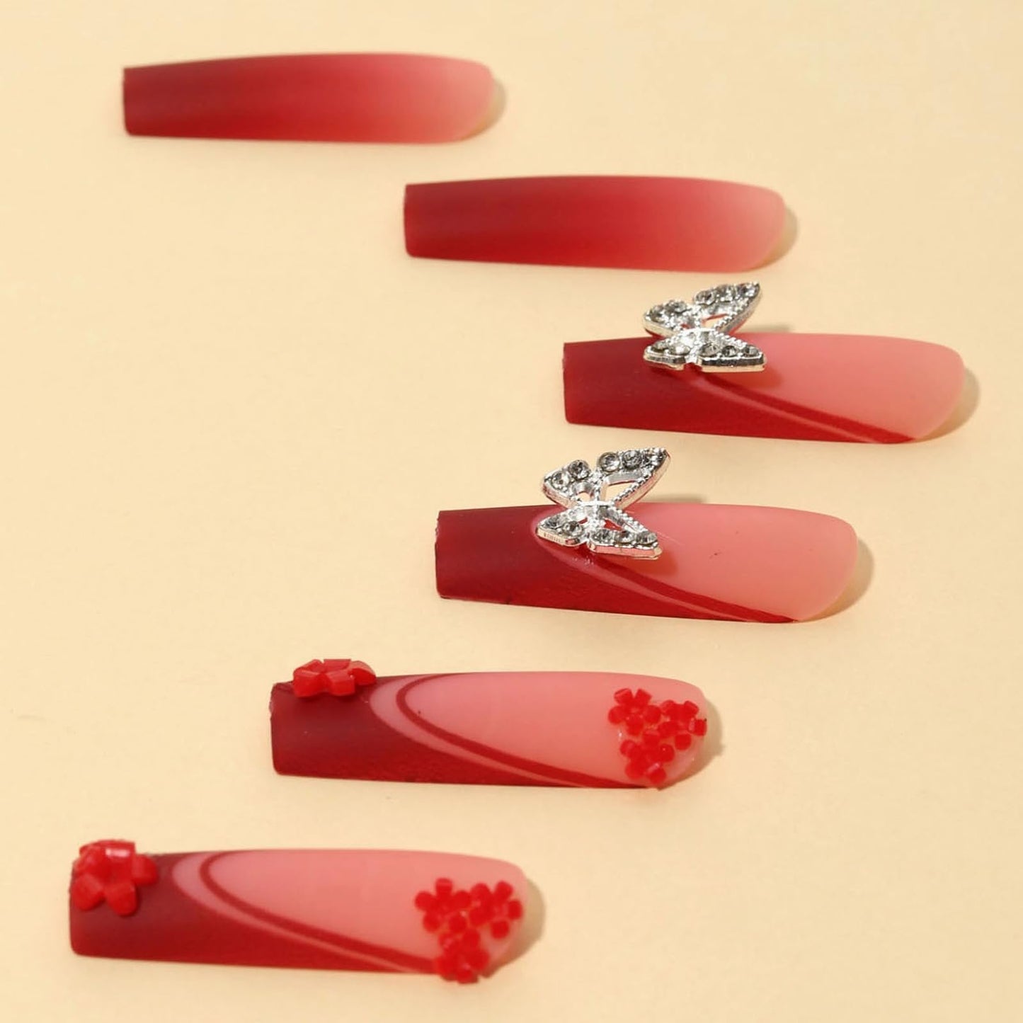 MISUD Press on Nails - Long Square Glue on Nails with Matte Red, Acrylic Flower Butterfly Design 24 pcs