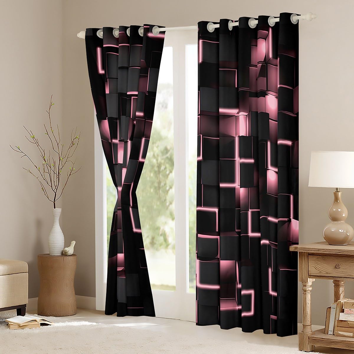 Feelyou Pink and Black Darkening Drapes (2 Panels, 52 x 90 Inch) Light Geometric Curtains for Bedroom Living Room Decor Blackout Curtains Modern Style Window Treatments