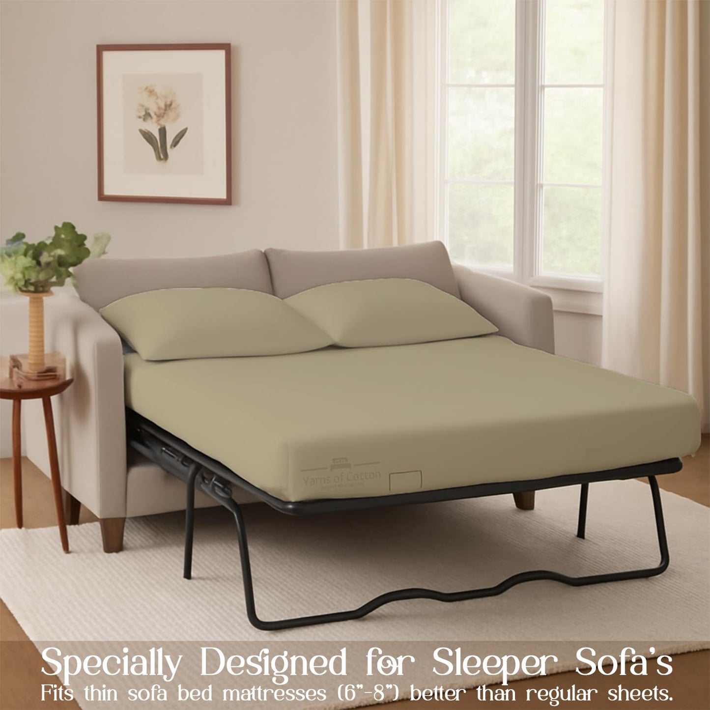 Sleeper Sofa Bed Sheet, 100% Cotton 400 Thread Count, 4 Piece Set, Deep Pocket Fitted Sheet, Soft Wrinkle Free & Breathable, Luxury Hotel Quality, Fits Up to 6 Inch Mattress (Full, Beige)