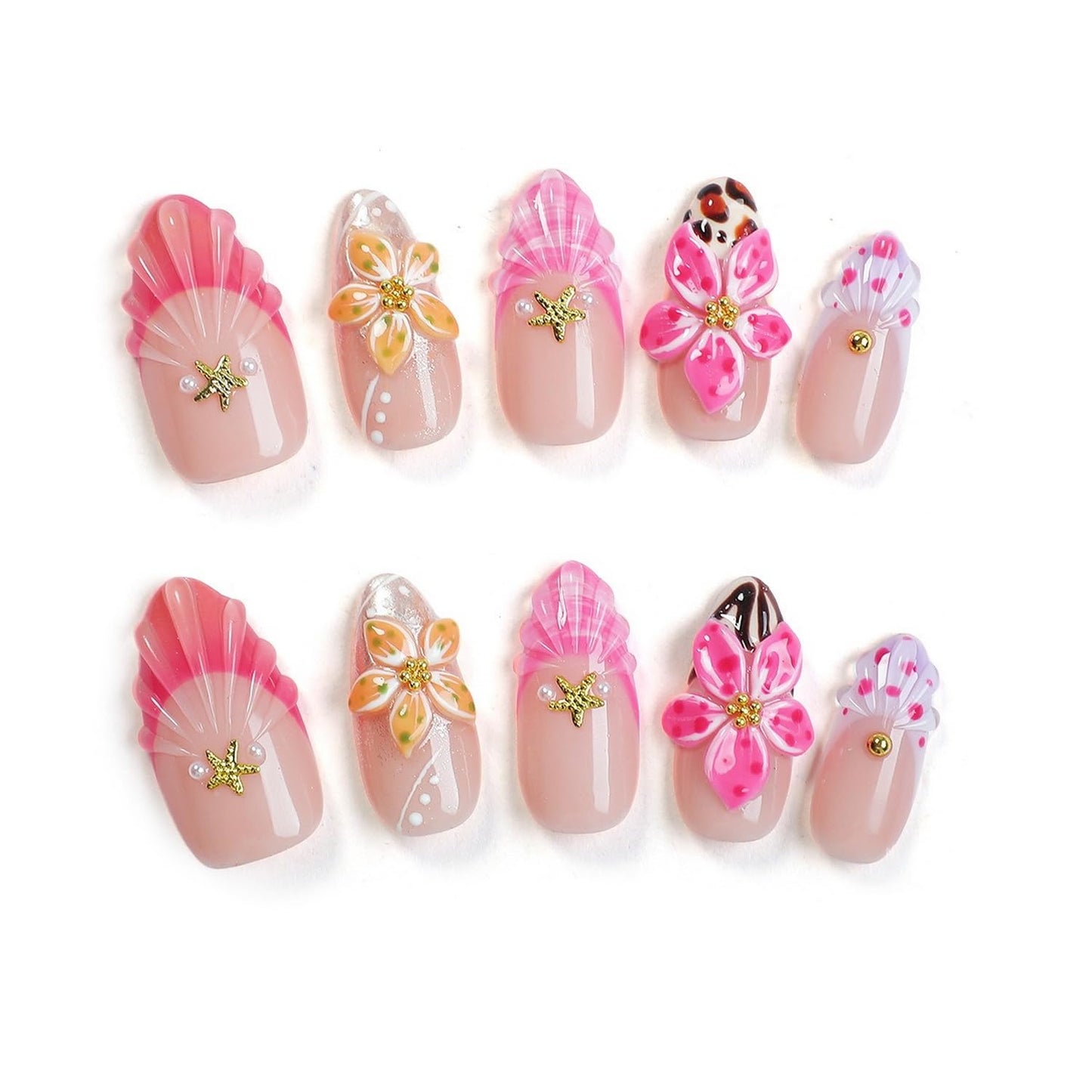 Handmade Press on Nails French Tip Acrylic Nails Medium Almond Fake Nails with 3D Flower & Starfish Designs Thickened Salon Quality Stick on Nails Muti-Layer Gel Acrylic Nails for Women（Size M)