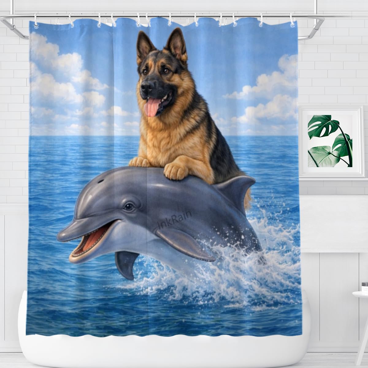 InkRain Ocean German Shepherd Shower Curtain with 12 Hooks Cute Puppy Riding Dolphin Bathroom Decor Waterproof Polyester Fabric Coastal Beach Bath Curtain 60x72 Inch