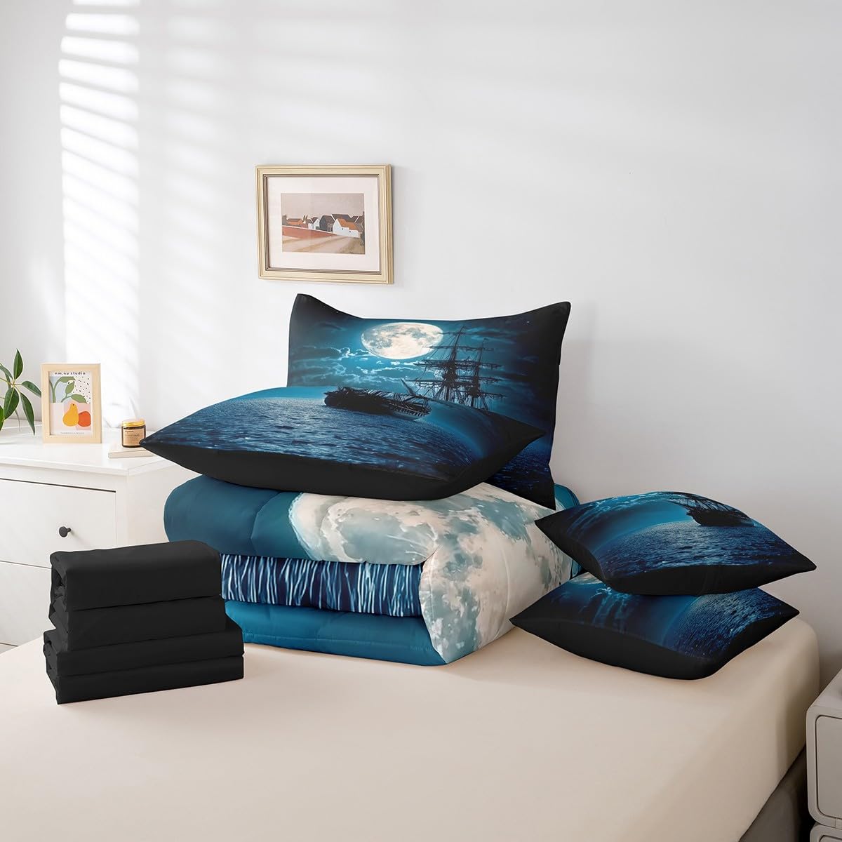 Feelyou Sailing Ship Comforter Set 7 Pieces Twin Size Moonlight Ocean Sea Bedding Set for Boys Girls Coastal Bed in a Bag with Comforter, Sheets, Pillowcases & Cushion Covers
