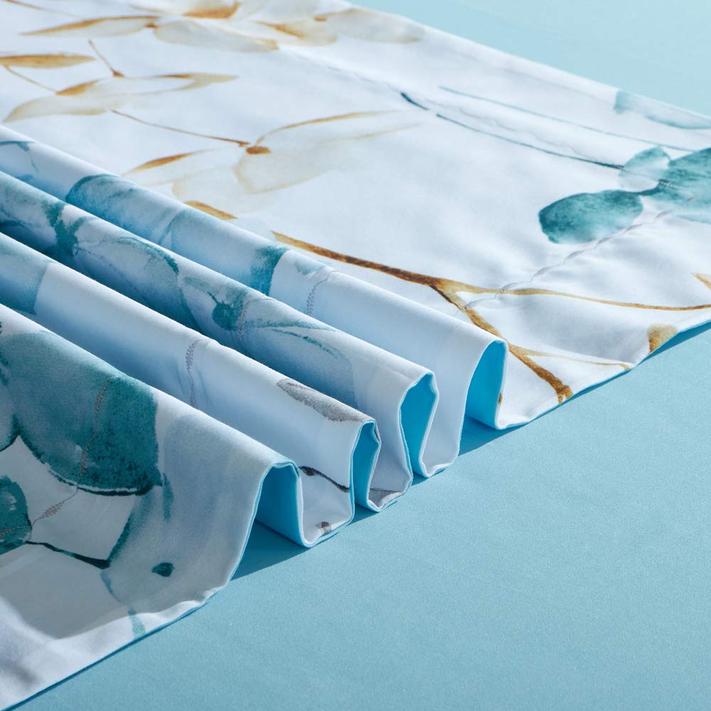 MILDLY 100% Long Staple Cotton Duvet Cover Set Blue Gold Grey Leaves Printed Comforter Cover Set Watercolor Plant