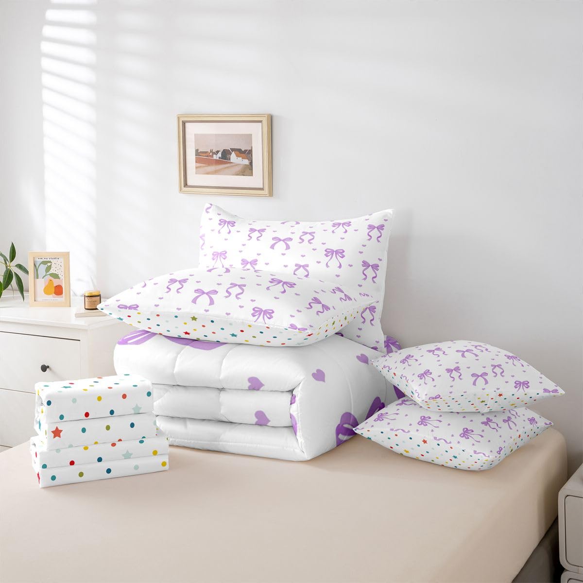 Erosebridal Bow Knot 7 Piece Bedding Set Full Size Bowtie Bed in A Bag Coquette Bowknot Comforter with Sheets Fantasy Bed Sets