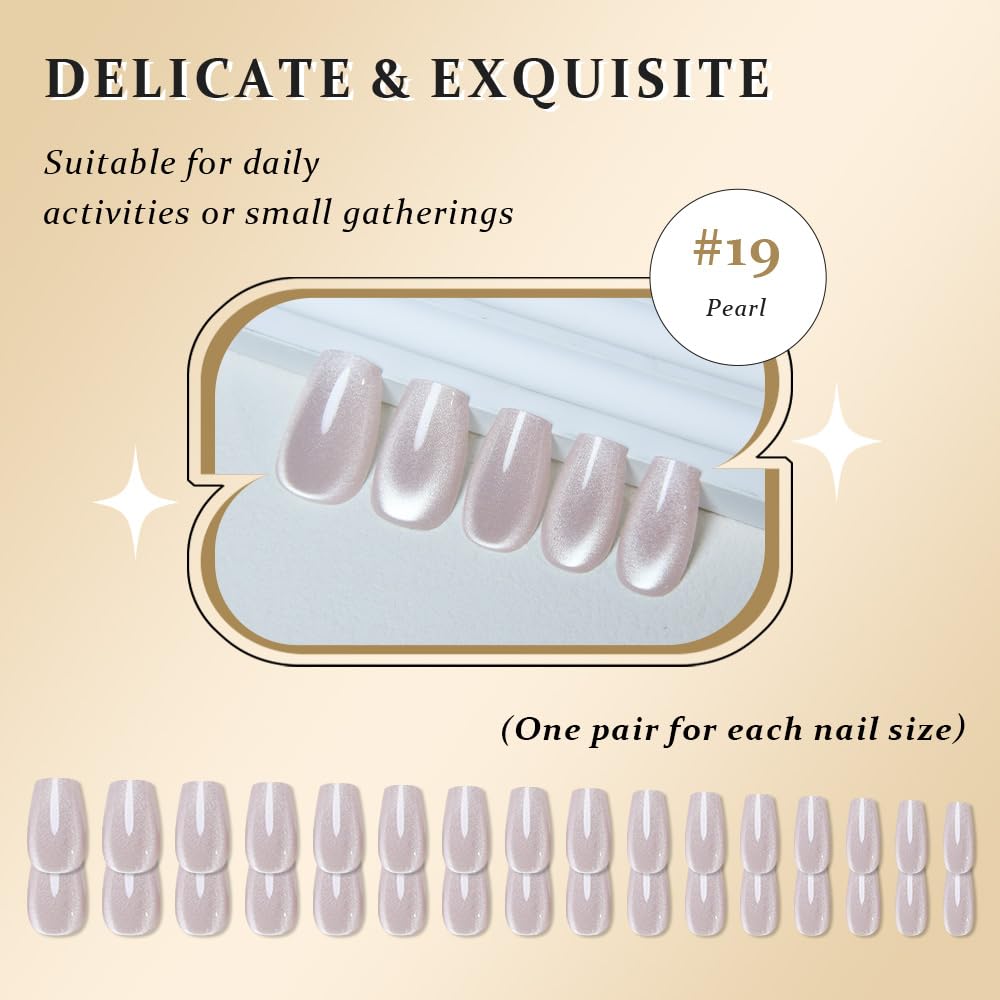 evpct Pearl White Nude Cat Eye Coffin Press on Nails Medium Square No Glue, Stick on Nail Medium Square for Women, Pearl Metallic Glitter Glossy Reusable Soft Press on Acrylic Fake Nail with Designs