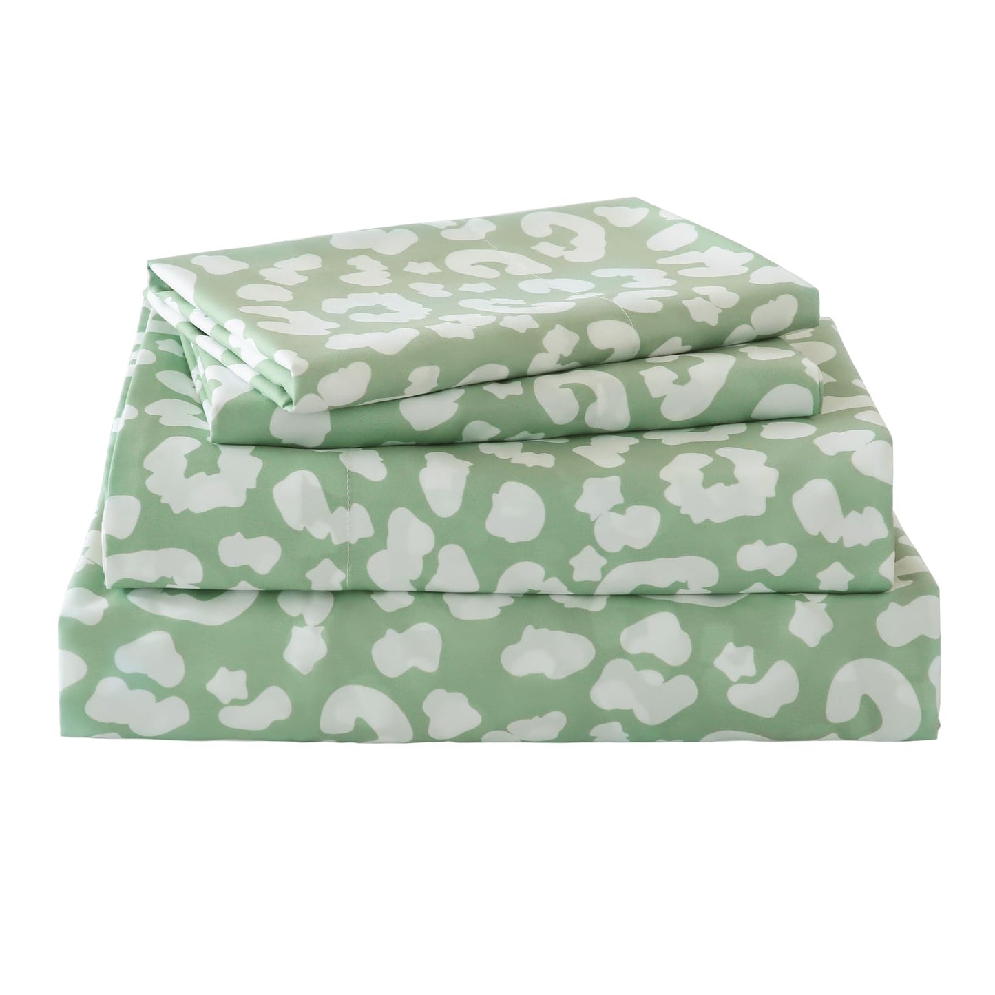 Yibeizi Sage Green Cheetah Print Sheets Set Deep Pocket Queen Size Bed Sheets Set, Leopard Printed Soft Microfiber Oeko-Tex Sheets & Pillowcases Hypoallergenic Wrinkle Free Bedsheets