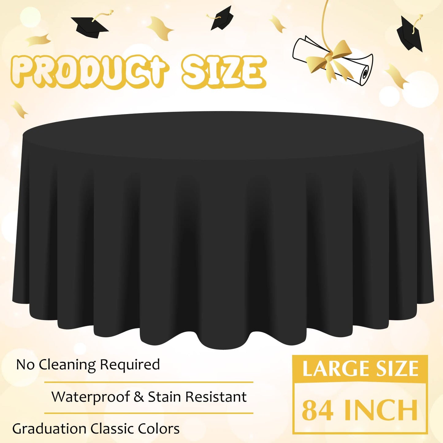 Amylove 2026 Black and Gold Plastic Tablecloths Bulk, Graduation Tablecloth 84 Inch Round Waterproof Table Cover for Anniversary Graduation Party Christmas Birthday Wedding Decorations