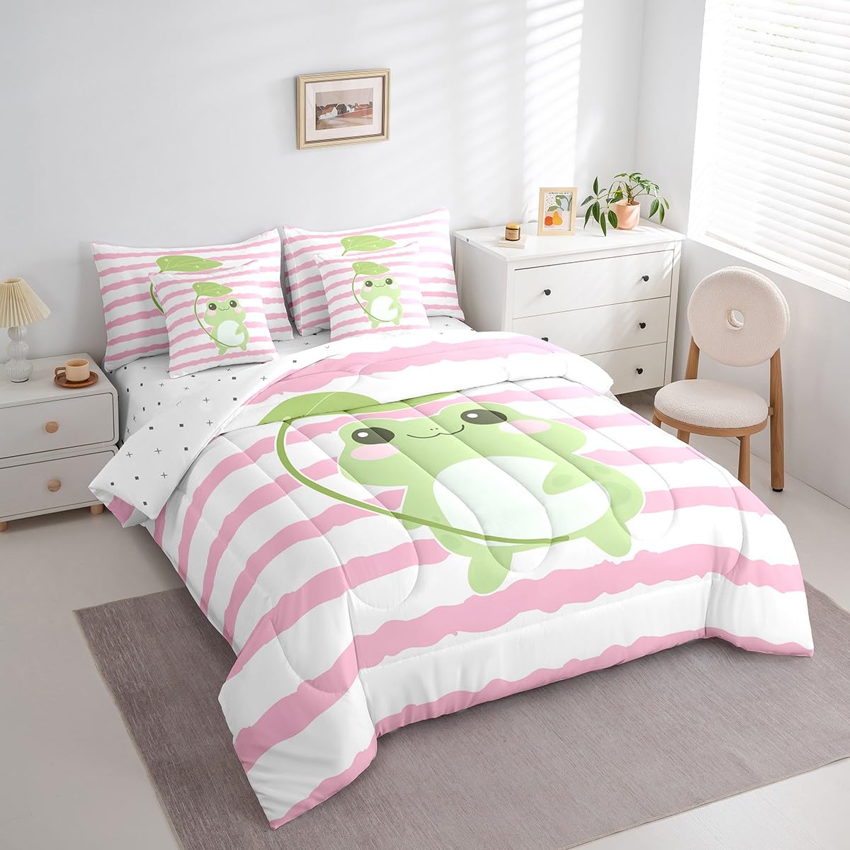 Castle Fairy Cute Frog 7Pcs Comforter Set Full Size,Cartoon Animal Bedding Sets for Kids Girls Boys,Pink White Striped Bed in a Bag Black White Fitted Sheet Flat Sheet,2 Throw Pillow 2 Pillowcases